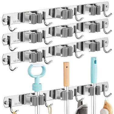 Imagem de Pacote com 3 suportes prateados para esfregão e vassoura, suporte de parede, autoadesivo, 3 prateleiras com 4 ganchos, organizador de vassouras, suporte de parede de aço inoxidável, cabide para casa