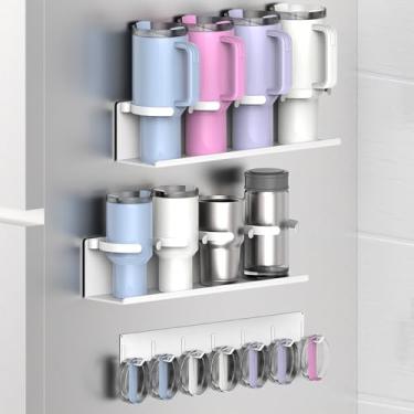 Imagem de Suporte magnético para geladeira com 8 compartimentos, organizador universal de garrafa de água com ganchos para Stanley Owala Yeti Tumbler de até 1,134 g (2 x 4 copos branco)