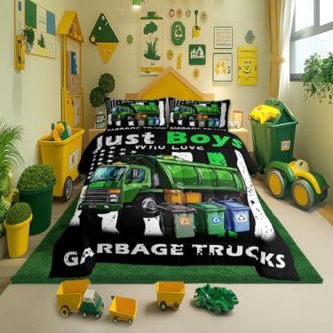 Imagem de Jogo de cama solteiro, caminhão de lixo, para crianças, meninos, adolescentes, decoração de quarto de meninos e homens, conjunto de colcha de 2 peças, edredom vintage com bandeira americana e 1 fronha