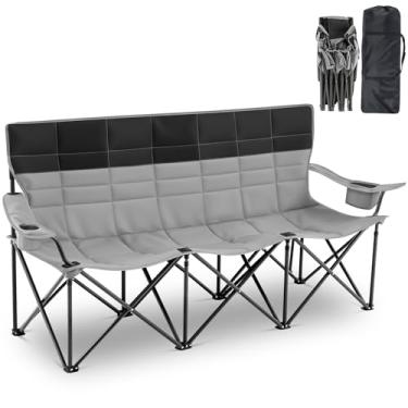 Imagem de Cadeira de sofá de acampamento dupla grande para área externa totalmente acolchoada e dobrável, cadeira de acampamento com capacidade para 3 pessoas, banco extra grande resistente para acampamentos
