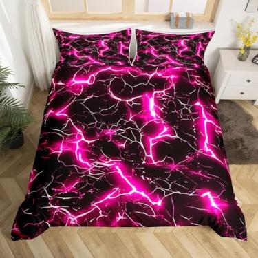 Imagem de Conjunto de capa de edredom neon Lightning tamanho casal, conjunto de cama psicodélico de desastre natural, decoração de quarto de meninas e mulheres, capa de edredom de geometria abstrata relâmpago