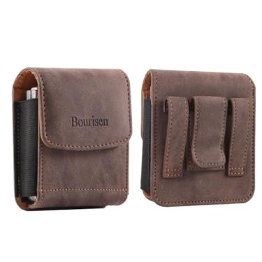 Imagem de Bourisen Capa universal para telemóvel, coldre para telemóvel, clipe para cinto, passadores de cinto, ranhura para cartão, couro sintético para iPhone/Samsung/LG/Moto (marrom e amarelo, PP (9,4 cm x