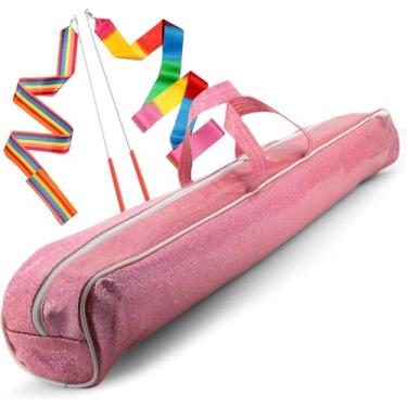 Imagem de SIRCLES Bastão giratório em aço inoxidável com extremidades emborrachadas mini eixo 3/8 com 2 fitas dançantes - Saco de bastão rosa - 71 cm