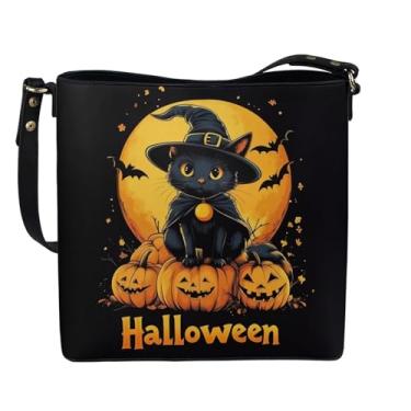Imagem de HUGS IDEA Bolsa feminina de couro, bolsa de ombro para mulheres, bolsa tipo carteira transversal, Halloween Pumpkin Black Cat, Large