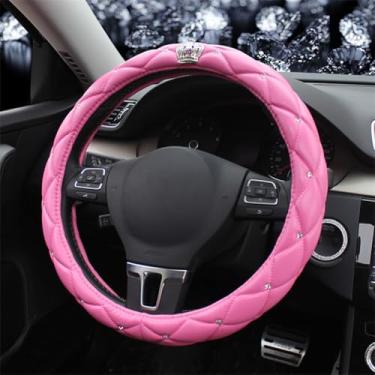 Imagem de Capa de volante de couro brilhante para mulheres, protetor de volante de carro, antiderrapante, ajuste universal, 36 cm - rosa com coroa