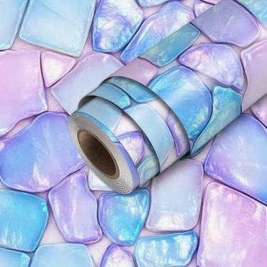 Imagem de HOMETITUTE Papel de parede com padrão de pedra pastel iridescente, descasque e cole papel de contato, 45 x 300 cm, revestimento de parede de vinil removível autoadesivo para quarto, cozinha, banheiro