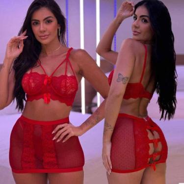 Imagem de Conjunto de Lingerie Sensual Com Saia Transparente Abertura Rendada - 