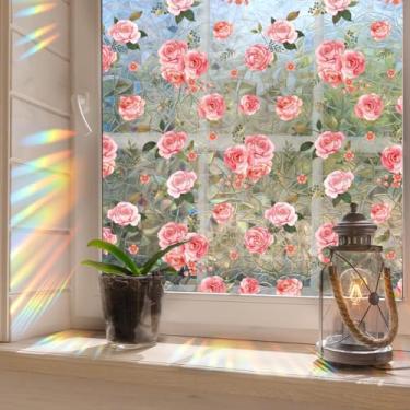 Imagem de Runtoo Película de privacidade para janela Arco-íris Rosa Floral Janela Adesivos Decorativos 3D Vinil Vitral Peônia Flores Decalques Adesivo Estático Não Adesivo, 43 x 101 cm