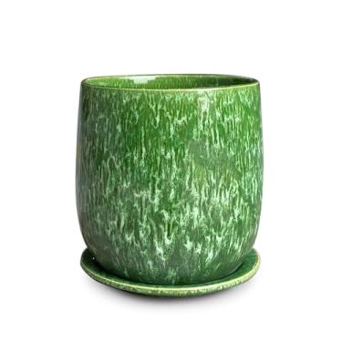 Imagem de Chralji GIFTWARE Vaso de cerâmica de 15 cm com pires, vaso de plantas de interior para plantas, vaso de flores com drenagem, esmalte reativo verde