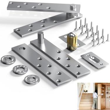 Imagem de Wotendy Dobradiça de porta oculta 136 kg, dobradiça de porta pivô resistente para estante de porta oculta, sistema de dobradiça de pivô invisível de aço inoxidável de rotação de 360° com trava de