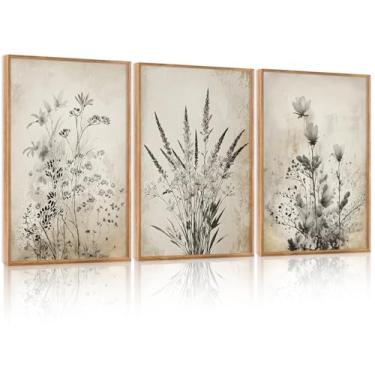Imagem de HOURIA Conjunto de arte de parede grande vintage preto branco botânico floral emoldurado, decoração de parede de flores silvestres retrô casa de fazenda rústica minimalista plantas flores impressões