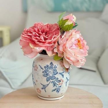 Imagem de Vaso de cerâmica vintage chinoiserie, vaso de flores decorativo de porcelana para mesa de sala de estar, prateleira de mesa de sala de estar, decoração country azul e branca