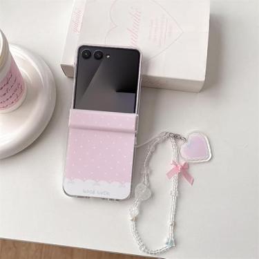 Imagem de Losin Capa de celular compatível com Galaxy Z Flip 7, linda estampa kawaii de fundo rosa com bolinhas brancas, com delicada pulseira de coração transparente à prova de choque, projetada para mulheres