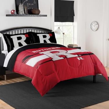Imagem de Conjunto de edredom Rutgers Scarlet Knights – Roupa de cama Scarlet Knights para dormitórios, quartos de hóspedes, trailers, porta traseira e decoração de dia de jogo, casal/queen