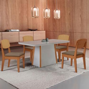 Imagem de Mesa Jantar Diane 120cm Tampo Mdf Vidro 4 Cadeiras Copper Prem Moderna Veludo Capuccino Off Naturale Serigrafia