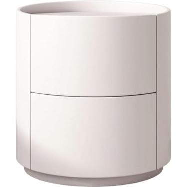 Imagem de Mesa De Cabeceira Elegante Mesa De Cabeceira Criativa De Madeira Redonda 2 Gavetas Mesa De Cabeceira Leve De Luxo Imitação De Couro Envolto Em Armário De Cabeceira, White