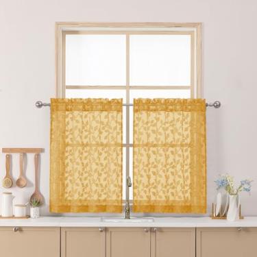 Imagem de Chyhomenyc Cortinas douradas transparentes de 76 cm de comprimento, cortina de cozinha pequena para janela com filtro de luz tufada e texturizada sobre a pia, cortinas curtas de meia janela para porão