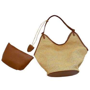 Imagem de Rwoora Bolsa de palha para mulheres - bolsa de ombro de grande capacidade bolso interno com remendo para férias na praia