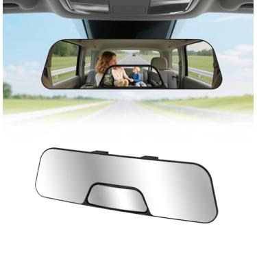 Imagem de HmmtyRack Espelho retrovisor com espelhos de carro de bebê, espelhos de ponto cego convexos universais de 11,8 polegadas Interior Clip-On Espelho retrovisor panorâmico grande angular nunca treme