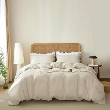 Imagem de Talasily Conjunto de capa de edredom 100% linho francês 3 peças - fecho de zíper e 8 laços de canto com fronhas com babados roupa de cama respirável para todas as estações (king, linho natural)