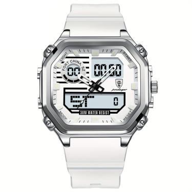 Imagem de Relógio Esportivo Masculino Pulseira Em Silicone Display Híbrido Digital Analógico Branco Prata