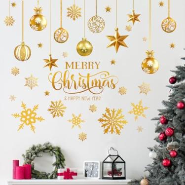 Imagem de Mfault Merry Christmas Golden Ornament Balls Wall Decals Stickers, Gold Xmas Happy New Year Snowflakes Stars Decorations Bedroom Art, Winter Holiday Home Kitchen Decor