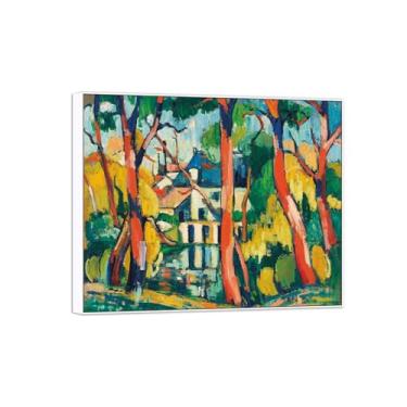 Imagem de BMZFYBS Pôster e impressões de arte famosa da paisagem - Imagem de decoração de parede em tela - Árvores na casa azul - Pintura com moldura branca para casa 30 x 35 cm 12 x 13 polegadas