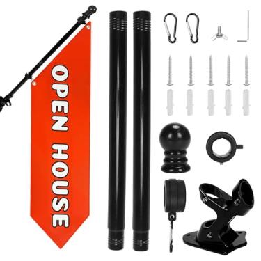 Imagem de Placa de bandeira de casa aberta frente e verso resistente 106 x 30,5 cm – Banner imobiliário de lona ao ar livre com suporte de metal e kit de mastro – Exibição de marketing de quintal de corretor de