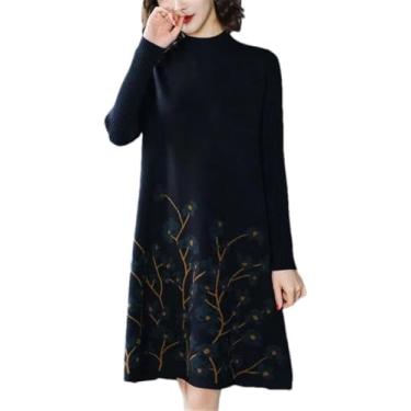 Imagem de Vestido De Suéter De Malha Feminino Primavera Outono Longo Decote Redondo Manga Comprida Pulôver, Black, M