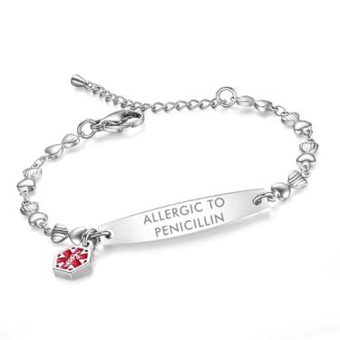 Imagem de LinnaLove - Pulseira de identificação de alerta médico de corrente simples em rolo pré-gravada para mulheres, one size, Sem Pedra Preciosa