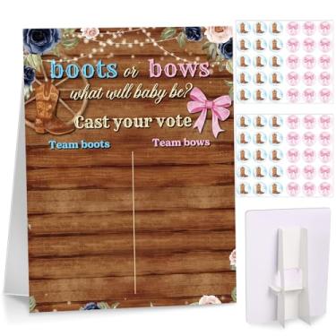 Imagem de Poen Placa de jogo de revelação de gênero com suporte, 60 adesivos de botas de arco rosa e marrom, Cast Your Vote Artigos de festa de chá de bebê, decorações de jogo de adivinhação de meninos ou