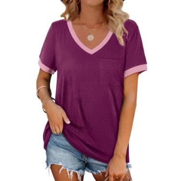 Imagem de Camiseta feminina Clothes Geifa com decote em V, manga curta, roxa, 2G