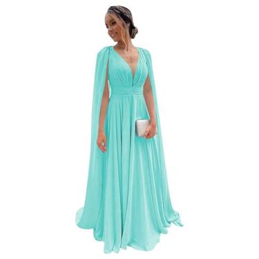 Imagem de Vestido de dama de honra CRIEBDK A Line, chiffon plissado, decote em V