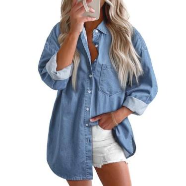 Imagem de Camisa feminina elegante, jeans com botões, decote em V, ajuste descon