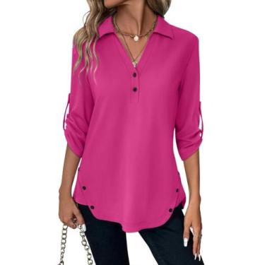 Imagem de Blusa túnica feminina TICTICMISS, manga 3/4, decote em V, rosa choque