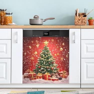 Imagem de Painel de capa de ímã para lava-louças de árvore de Natal, bolas de Natal, capas magnéticas vermelhas para lava-louças, adesivo de geladeira, decalque decorativo de Natal, capa de máquina de lavar
