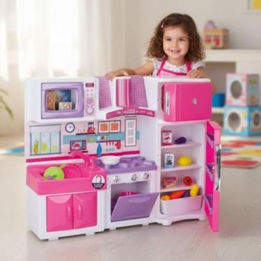 Imagem de Cozinha Infantil Brinquedo Menina Completo Fogão e Forno, Estufa, Geladeira, Pia Sai Água de Verdade e Micro-ondas com Falas e Som Acessórios Frutas e Legumes