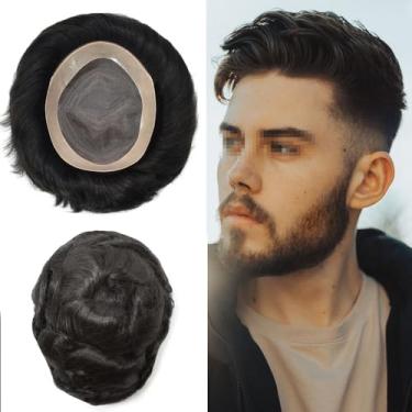 Imagem de SINGA HAIR Peruca masculina peruca durável mono poli pele ao redor do sistema de substituição de cabelo para homens monofilamento durável perucas masculinas (22 x 17 cm LXW 120% densidade média, 1B