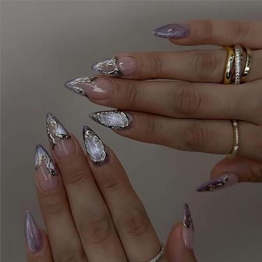 Imagem de Unhas postiças de amêndoa RTKHFZE com ponta francesa, unhas postiças médias com desenhos dourados, unhas artificiais, purpurina, cola em unhas fofas de verão, 24 peças