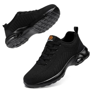 Imagem de FENLERN Steel Toe Shoes feminino leve com amortecimento de ar, tênis de segurança confortável, antiderrapante, tênis de trabalho com bico de segurança, tênis indestrutível, Preto, 5