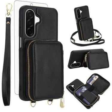 Imagem de Capa de celular para Samsung Galaxy A56 5G carteira de celular com protetor de tela de vidro temperado alça transversal de pulso suporte de cordão com bloqueio RFID slot para cartão de crédito A 56