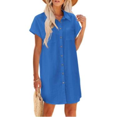 Imagem de Vestido Zeaoo Boho Summer de algodão com decote em V, botão azul, tama