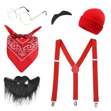 Imagem de Zrycn Kit de fantasia masculina de Halloween com 6 peças, chapéu vermelho, óculos, bigode, bandana e suspensórios para festa