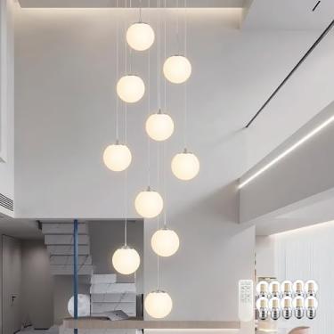 Imagem de KoKo&Yukina 10 luzes pendentes de globo de luz ajustável para pendurar lustre de escada, lustre de vidro de leite, luzes de globo com sombra de vidro branco leitoso para escadas