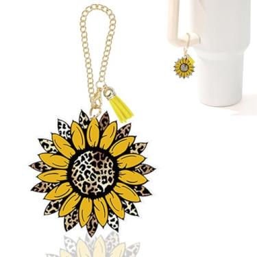 Imagem de Ldntly Acessórios para copos Stanley de girassol e leopardo, pingentes Stanley para alça, pingentes de garrafa de água, chaveiro de girassol, presentes para mulheres, mãe, irmã, amiga, aniversário