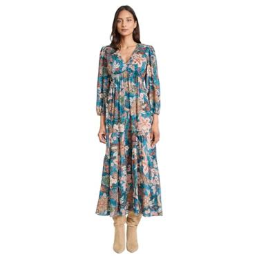Imagem de The Good Journey Vestido longo feminino de manga comprida com gola V Paisley - Vestidos boêmios evasê para convidados de casamento, Tea-brn-tau, G