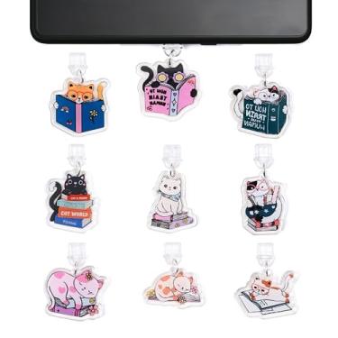 Imagem de JANLOVE 9 peças de berloques para Kindle, design fofo de gato livrário, compatível com berloque de plugue de poeira Kindle e acessórios de portas de carregamento USB tipo C para telefone