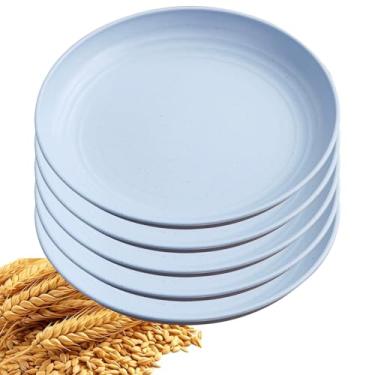 Imagem de YuanQ Conjunto de pratos de jantar com 5 peças, inquebrável, reutilizável, leve, placa de borda lisa, lavável na lava-louças e no micro-ondas (azul, 30 cm)