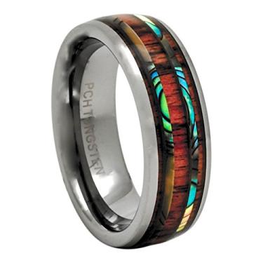 Imagem de PCH Jewelers Aliança de casamento masculina feminina de tungstênio Abalone Hawaiian Koa Wood 8 mm | Presente