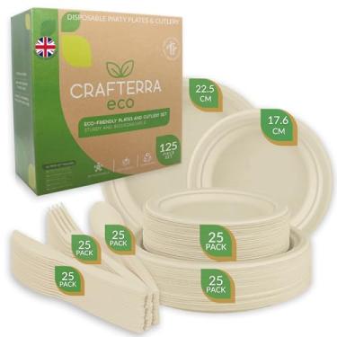 Imagem de Pratos e talheres descartáveis Conjunto completo de festa ecológicos. Conjuntos de louça biodegradáveis compostáveis de cana de açúcar. 25 pratos de papel grandes e pequenos, garfos, facas, colheres